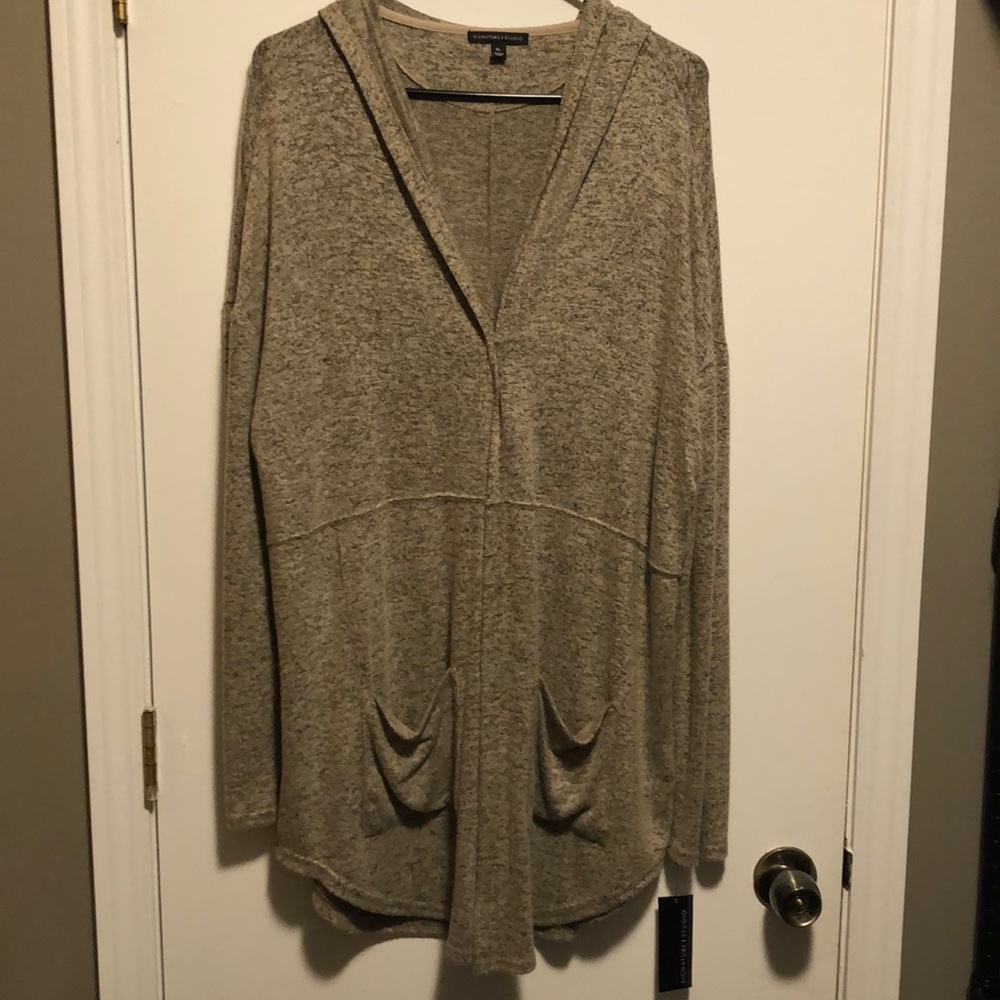 NWT Tan Signature Studio Hooded Long Cardigan